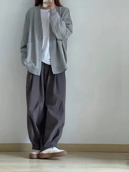 2023 Повседневные брюки в японском ленивом стиле из 100% чистого хлопка в стиле Унисекс Серого цвета Свободного кроя, прямые широкие брюки
