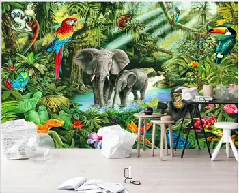 3d фотообои на заказ фреска Обезьяна Слон Тукан Детская комната Тропический лес Животные обои для стен в рулонах домашний декор
