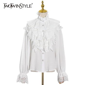 TWOTWINSTYLE, белая кружевная блузка в стиле пэчворк с рюшами для женщин, воротник-стойка, расклешенные рукава, винтажная рубашка, женская модная новая одежда