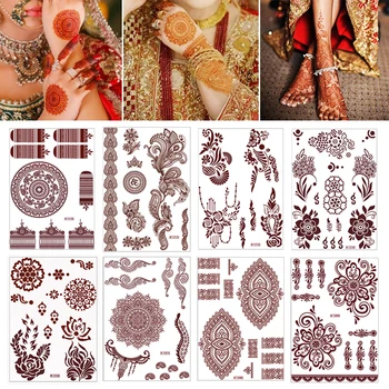 Кружевные коричневатые наклейки с татуировками хной, временные татуировки для боди-арта, водонепроницаемые декоративные наклейки с татуировками в этническом стиле для женщин