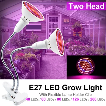Светодиодная Лампа для выращивания растений с 2 головками E27 LED Full Spectrum EU/US для Комнаты с Лампой, Двойные Семена цветов, Палатка, Внутренний Зажим, Гидро...