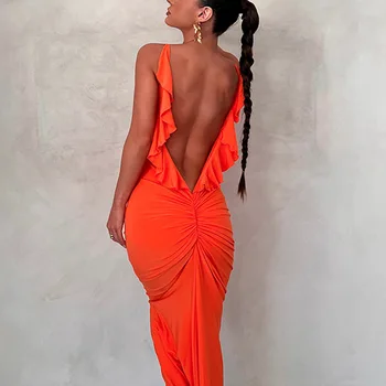 Сексуальное длинное платье с открытой спиной, обтягивающее оранжевое пляжное платье с V-образным вырезом и открытой спиной, Сексуальное плиссированное длинное платье на подтяжках